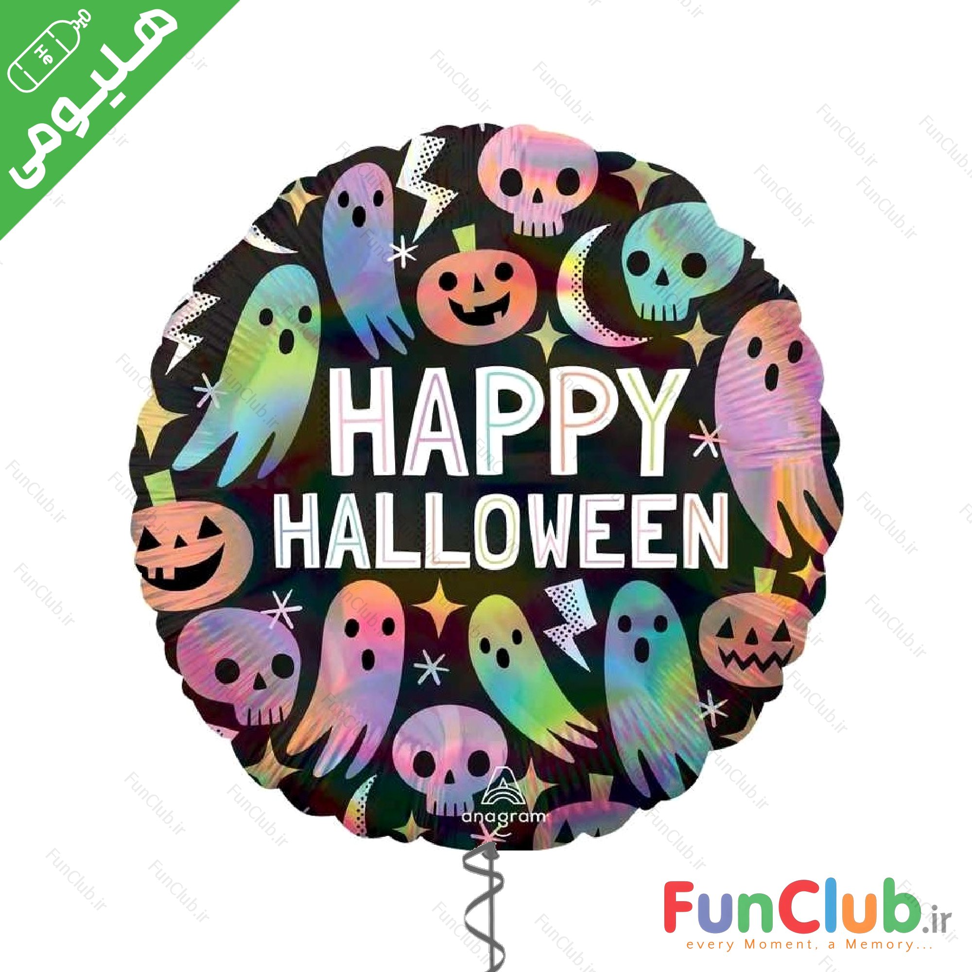 بادکنک هلیومی هالووین فویلی سایز استاندارد طرح دایره happy Halloween روح وکدو اسکلت