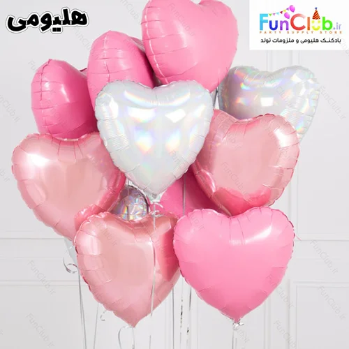 پکیج بادکنک هلیومی فویلی قلب صورتی+رزگلد+سفید (12عدد)