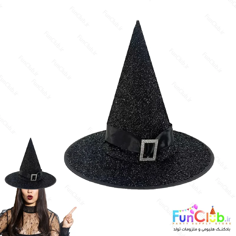 کلاه هالووین مدل جادوگری طرح پارچه اکلیلی سگک دار