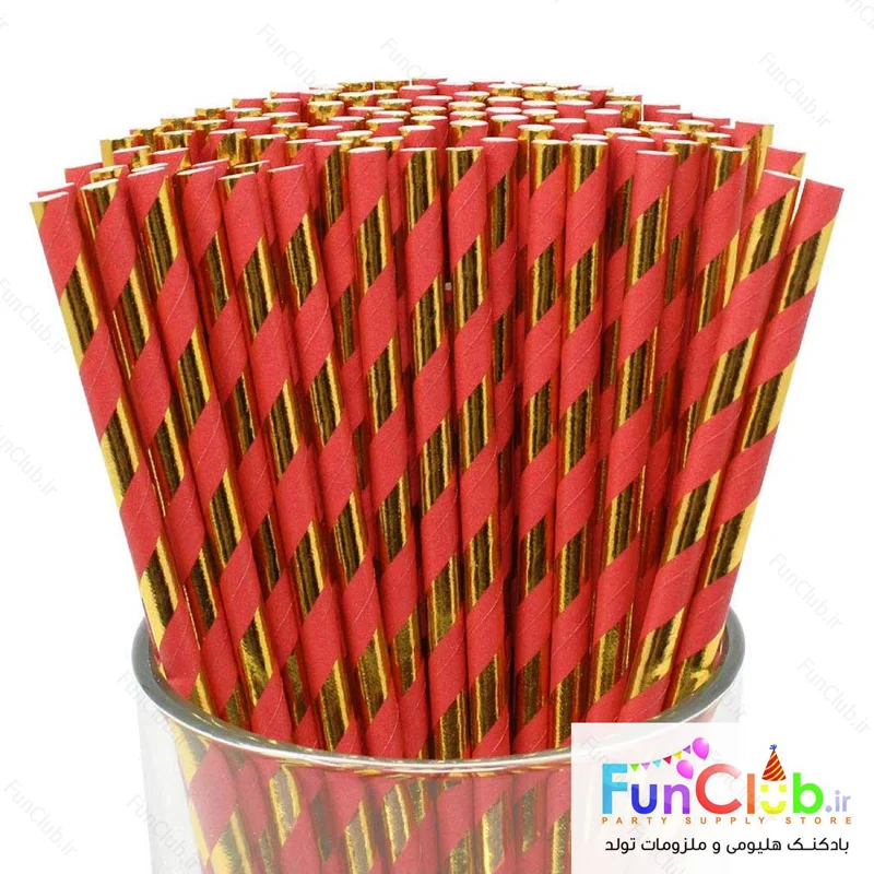 نی کاغذی طرح هاشور قرمز-طلایی  متالیک (بسته 24 عددی)