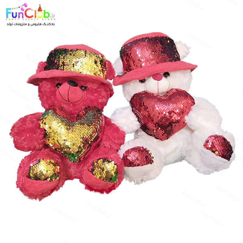 عروسک پولیش - خرس راس 60 سانت قرمز کلاه دار پولکی (رنگبندی:سفید-قرمز)