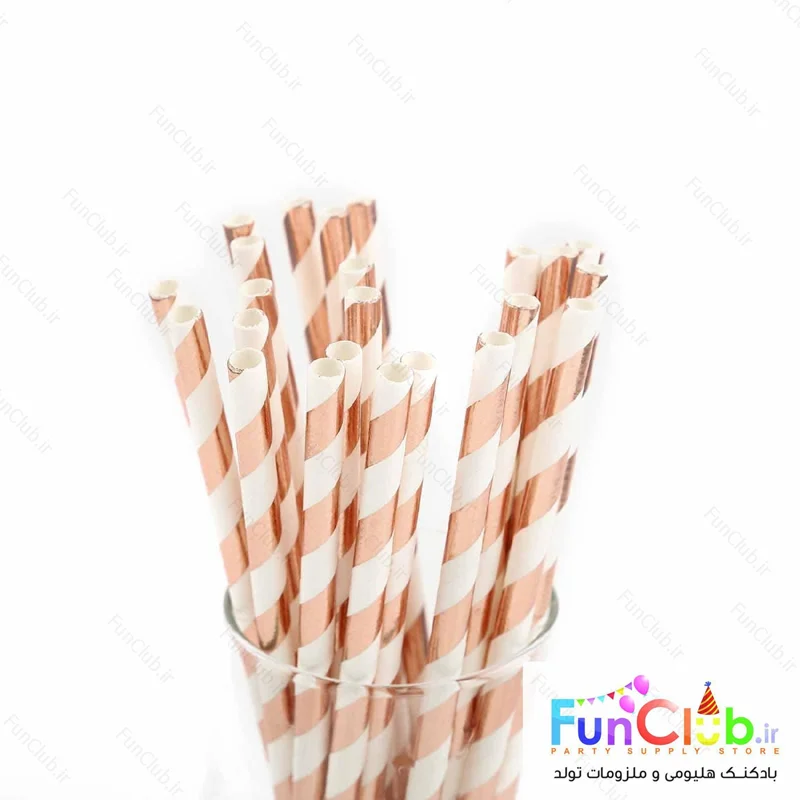 نی کاغذی طرح هاشور سفید-رزگلد متالیک (بسته 24 عددی)